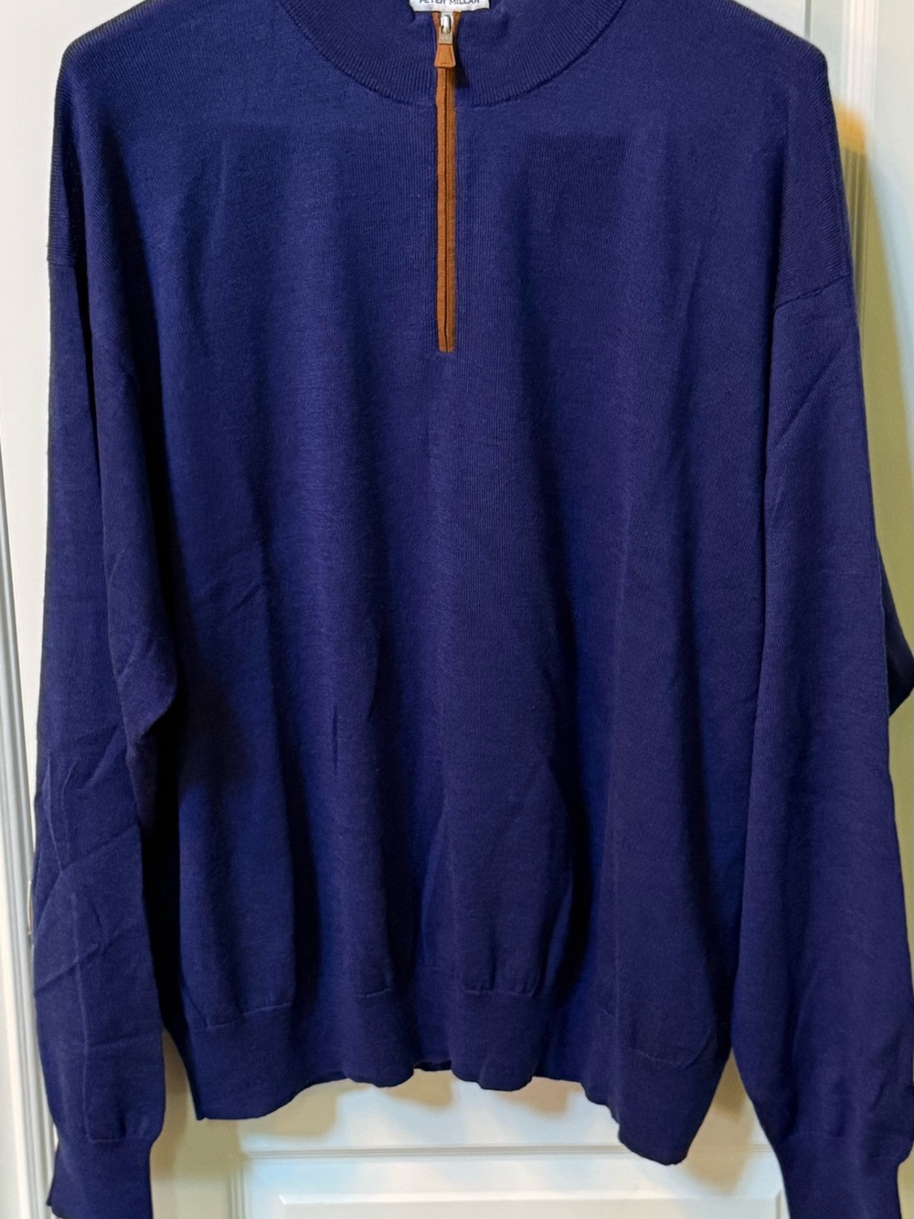 Peter Millar Navy Quarter-Zip Sweater with Brown Contrast Zip